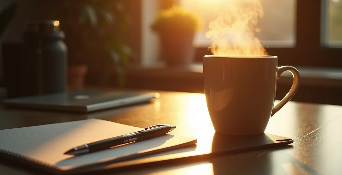 Tasse et stylo de marque utilisés naturellement dans un environnement de bureau
