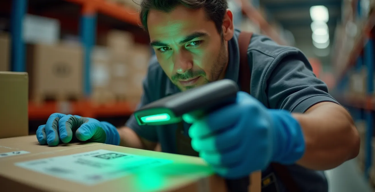 Opérateur scannant un code-barres pour valider l'assemblage d'un kit personnalisé