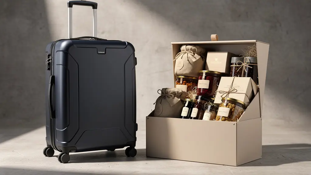 Composition visuelle équilibrée montrant une valise cabine élégante et un coffret gourmand ouvert, symbolisant le dilemme du cadeau d'affaires.