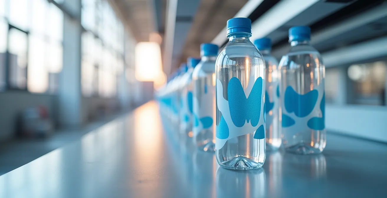 Vue d'un atelier d'impression moderne montrant une ligne de production de gourdes, chacune avec un motif coloré différent.