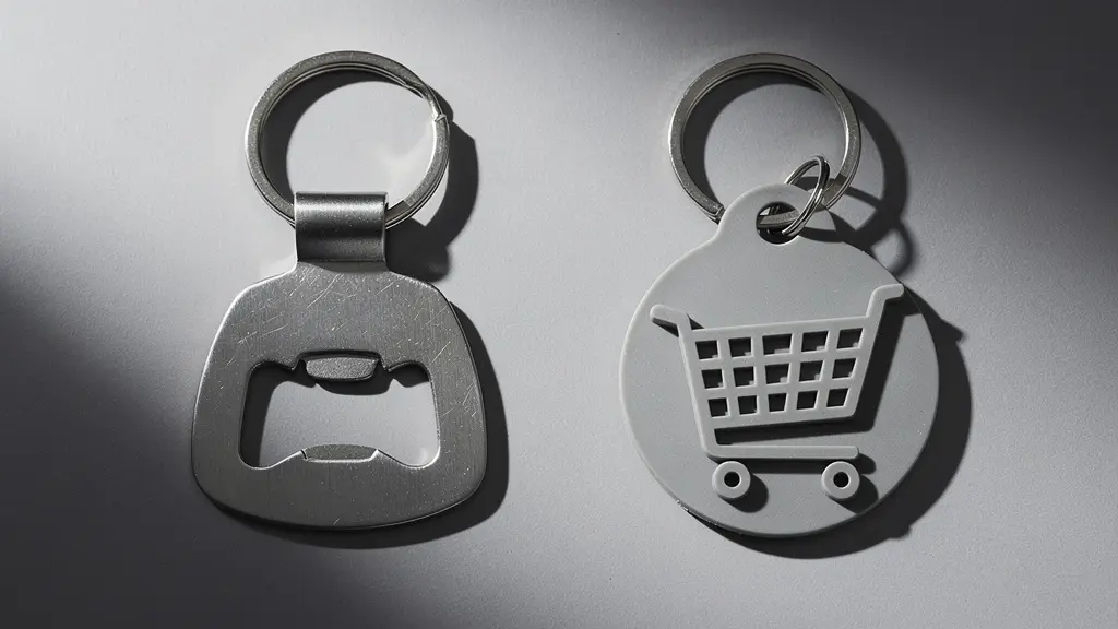 Comparaison visuelle entre un porte-clés décapsuleur métallique et un porte-clés jeton de caddie en plastique posés sur une surface neutre