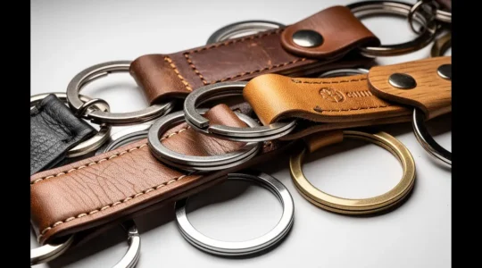 Vue rapprochée d'un trousseau de clés métalliques avec différents porte-clés publicitaires en métal et cuir aux finitions variées