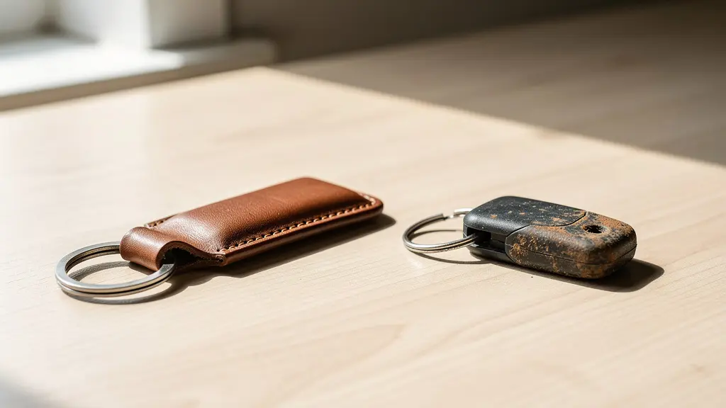 Contraste visuel entre un porte-clés en cuir haut de gamme et un porte-clés plastique bon marché