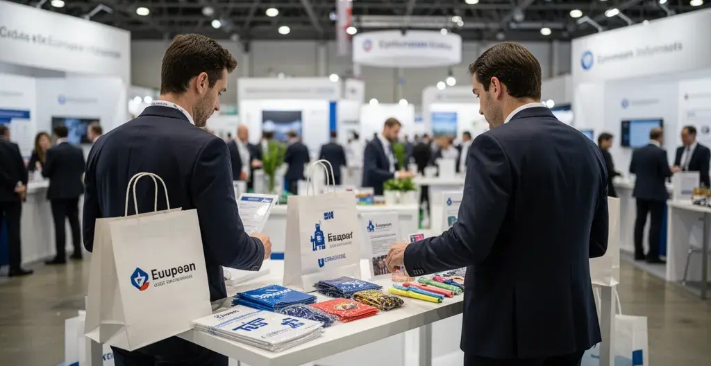 Préparation d'un stand d'exposition avec objets promotionnels