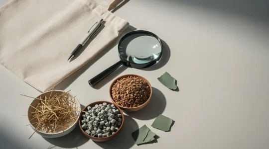 Un stylo et un tote bag sans marque, posés sur une table avec une loupe et des matières brutes, évoquant la vérification d’allégations écologiques.