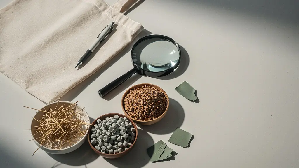 Un stylo et un tote bag sans marque, posés sur une table avec une loupe et des matières brutes, évoquant la vérification d’allégations écologiques.