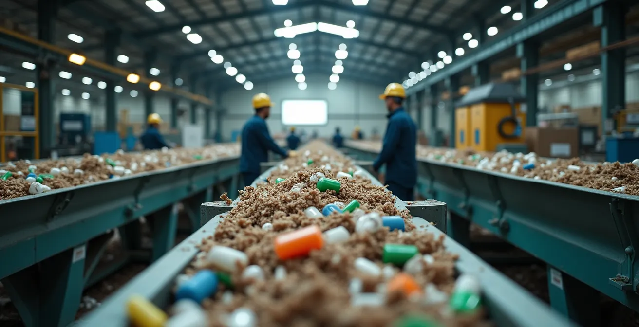 Centre de tri avec tapis roulant montrant la difficulté de séparer les matériaux composites