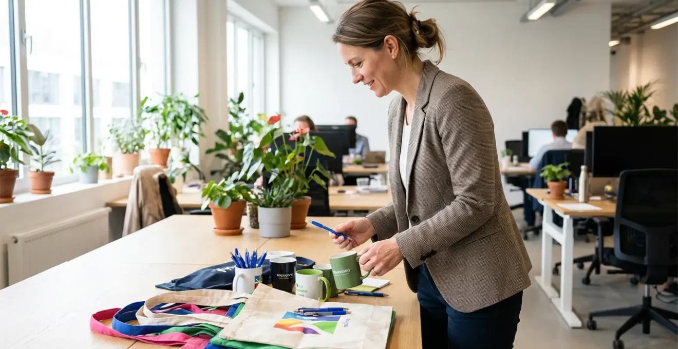 Responsable communication examinant des objets publicitaires personnalisés sur un bureau