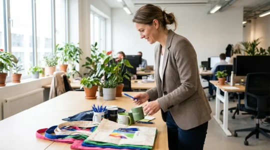 Responsable communication examinant des objets publicitaires personnalisés sur un bureau