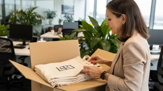 Professionnelle ouvrant des cartons de tote bags personnalisés dans son bureau moderne