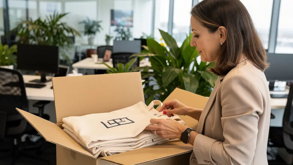 Professionnelle ouvrant des cartons de tote bags personnalisés dans son bureau moderne