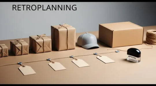 Table de travail avec objets neutres et repères visuels matérialisant un rétroplanning entre validation BAT et livraison finale, sans aucun texte lisible.