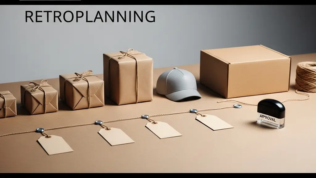 Table de travail avec objets neutres et repères visuels matérialisant un rétroplanning entre validation BAT et livraison finale, sans aucun texte lisible.