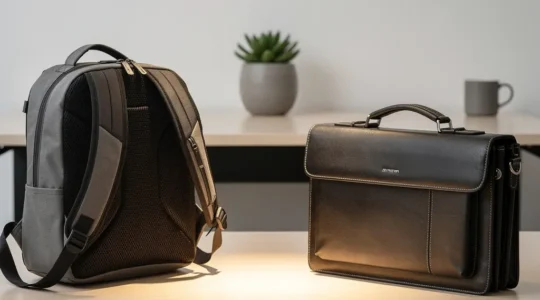 Sac à dos professionnel et mallette posés côte à côte sur un bureau minimaliste, illustrant le choix de transport pour protéger le dos et l'ordinateur des équipes.