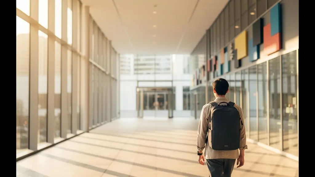Employé marchant dans un environnement urbain avec un sac à dos professionnel léger et ergonomique, illustrant le lien entre poids du sac et santé au travail.