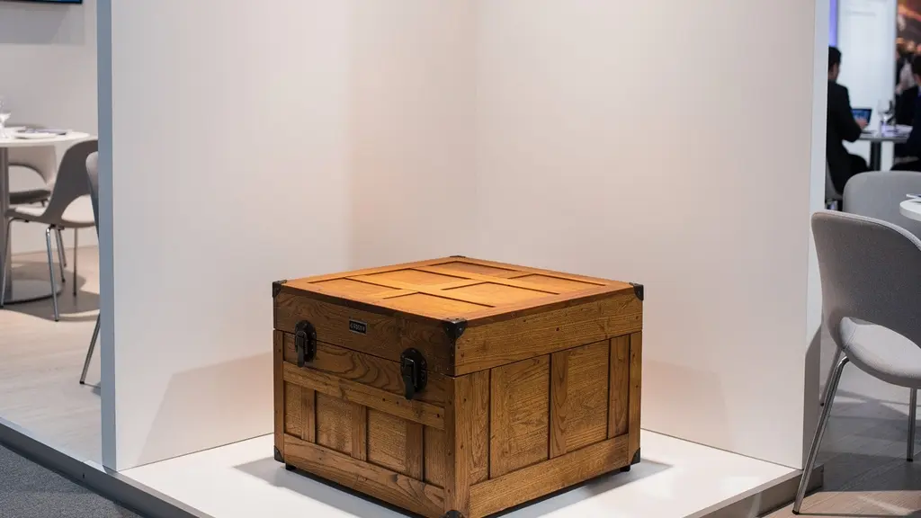 Malle de rangement en bois élégante servant de siège sur un stand de salon, dissimulant le stock de goodies.