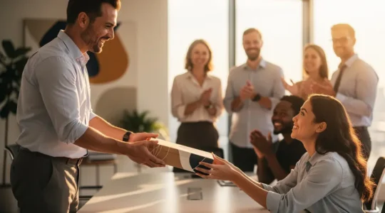 Espace de bureau moderne avec employés échangeant des objets personnalisés dans une ambiance chaleureuse et professionnelle