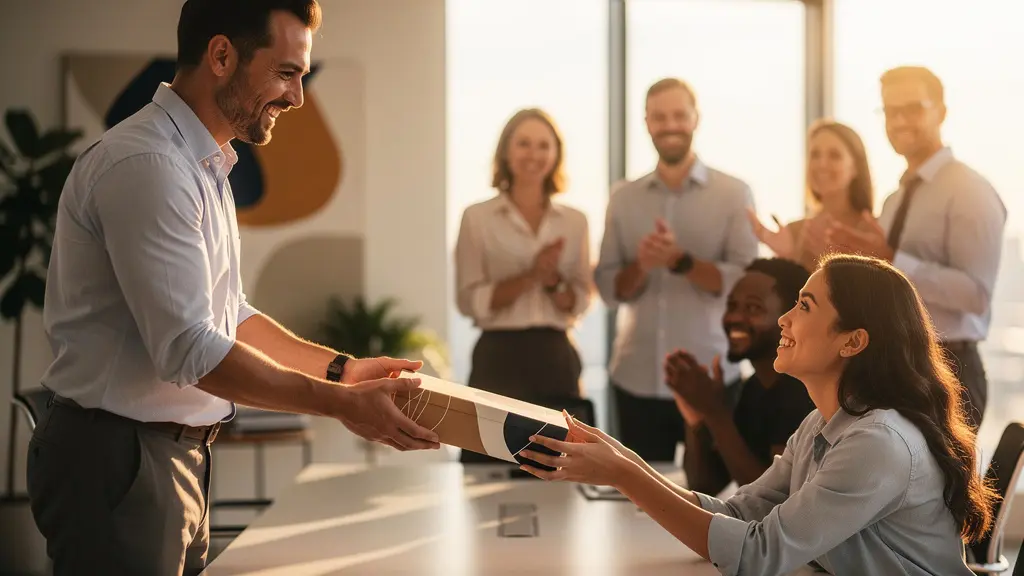 Espace de bureau moderne avec employés échangeant des objets personnalisés dans une ambiance chaleureuse et professionnelle