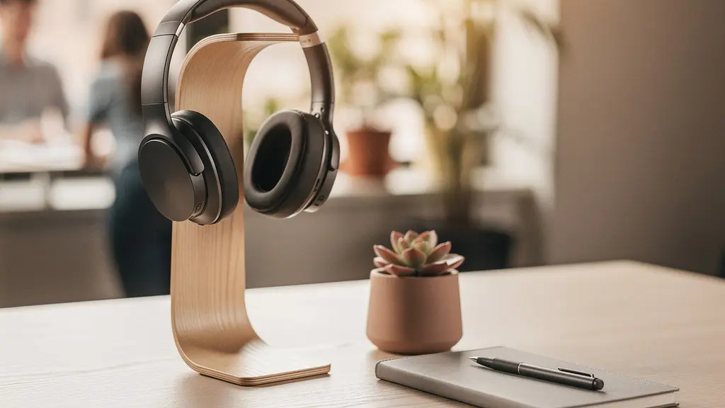 Bureau minimaliste en open space avec un casque audio posé sur un élégant support en bois, symbolisant l'organisation et la disponibilité dans un environnement de travail partagé.