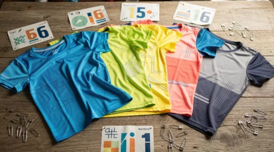 T-shirts colorés disposés en éventail sur une table en bois avec des dossards de course et des épingles
