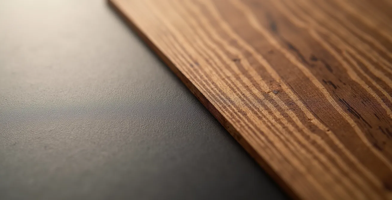 Comparaison macro de textures soft-touch et bois naturel montrant les différences tactiles