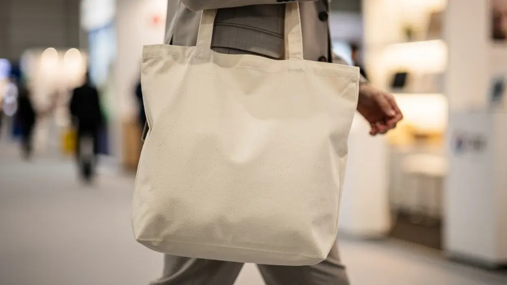 Plan large d'un tote bag en coton beige porté à l'épaule par une participante dans l'allée floue d'un salon professionnel lumineux.