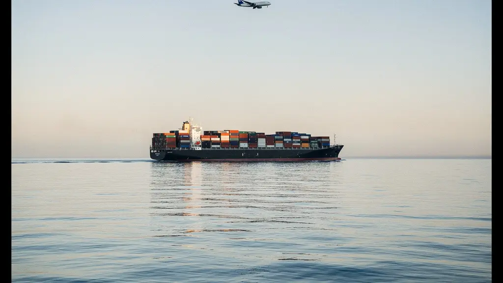 Vue large d’un port avec un porte-conteneurs et un avion au loin, suggérant le contraste entre fret maritime et fret aérien.