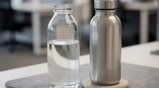Deux gourdes (une en verre et une en inox) posées sur un bureau dans un open-space calme, avec un espace libre pour un titre.